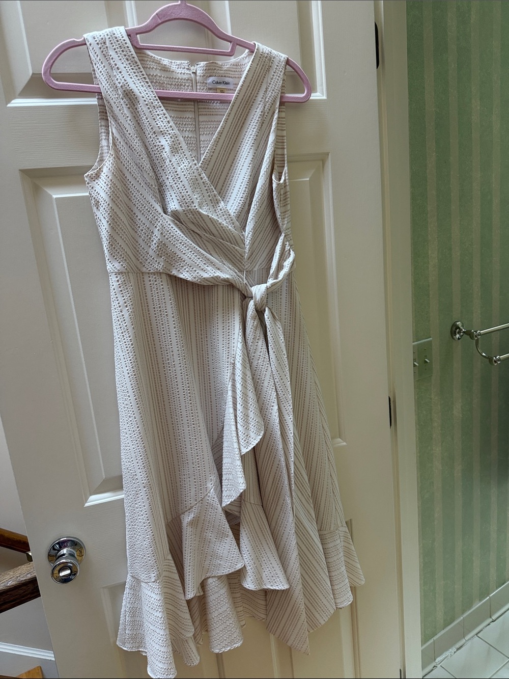 Calvin Klein Ivory-Striped Wrap Midi Dress with Tie